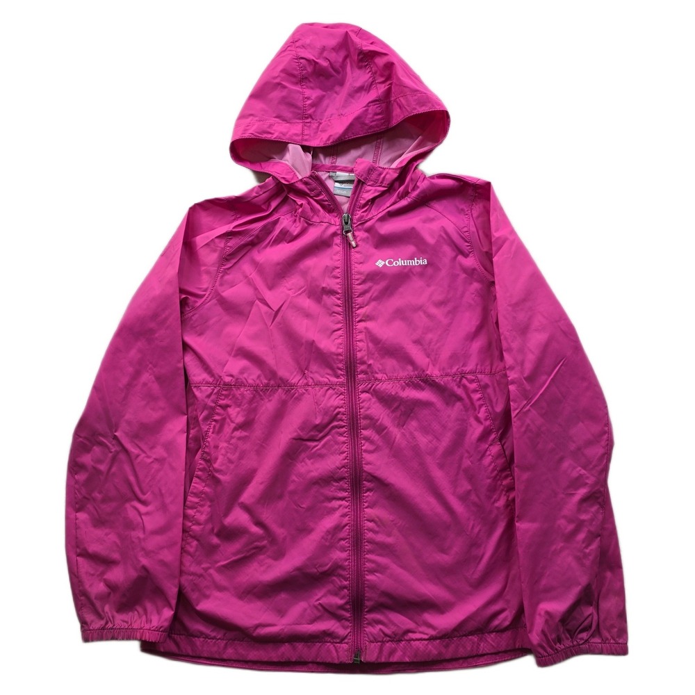 Columbia Windbreaker Jacket Girls Medium 10/12 Pink Nylon Hooded Rain Wind